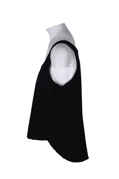 side angle nsf tank on feminine mannequin torso featuring frayed high-low hem and boxy silhouette. 