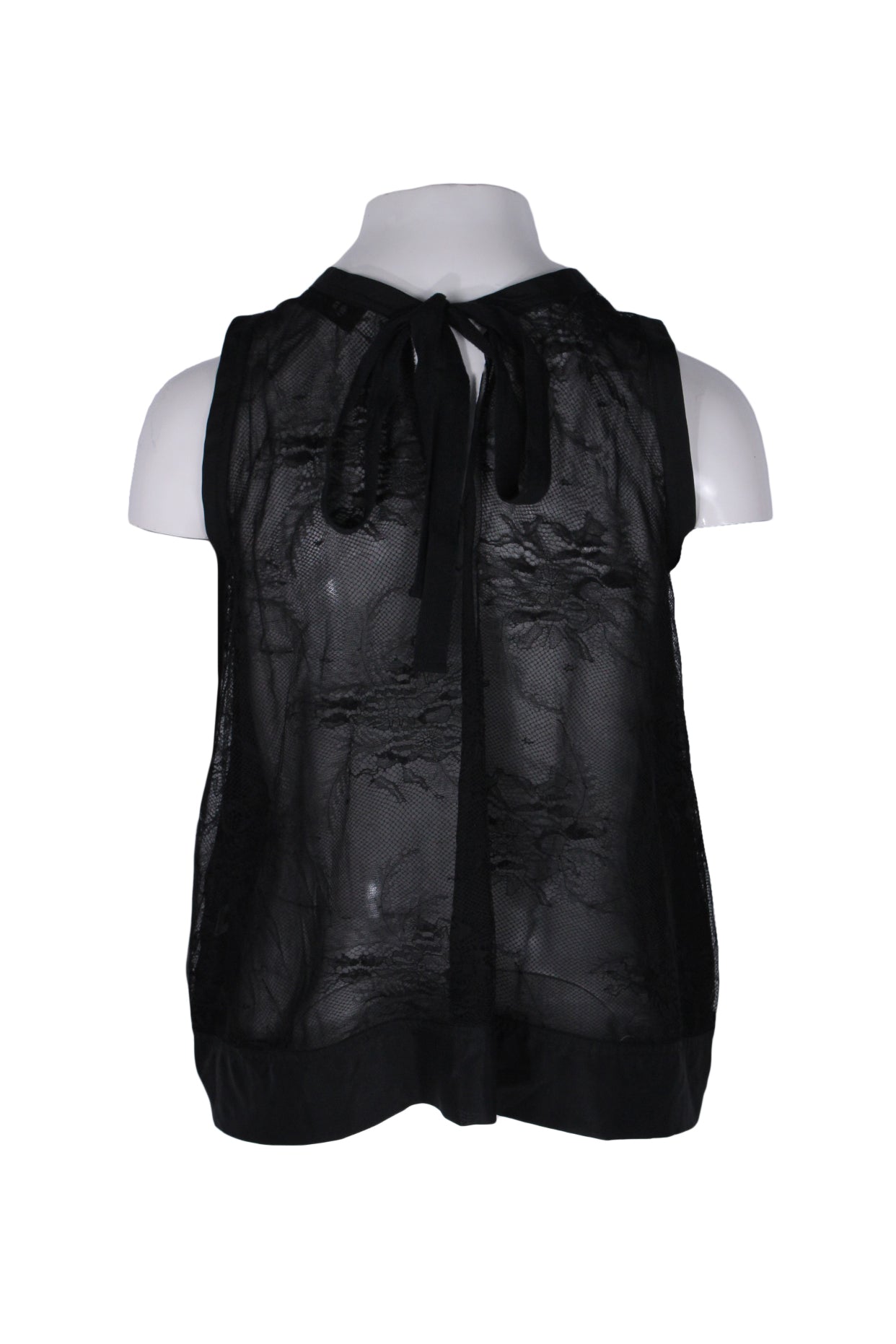rear of black lace blouse with a back tie closure. 