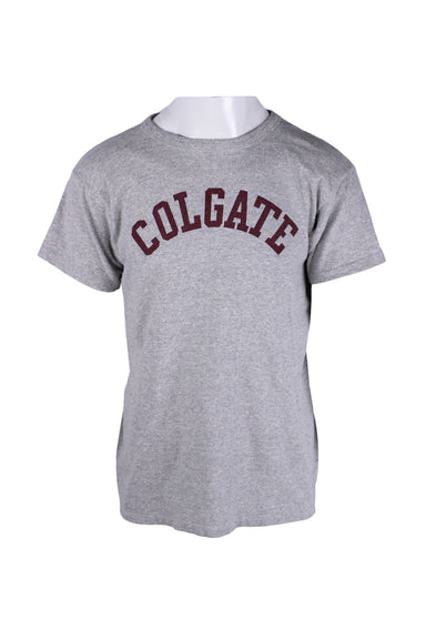 front angle of vintage champion grey colgate beefy tee on masc mannequin. features maroon print of college name 'colgate' across chest, thick cotton fabric throughout, rounded ribbed collar, and short sleeves.  