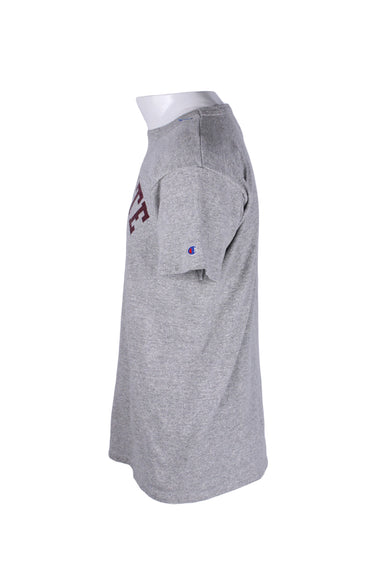 side angle of short sleeve colgate t-shirt. features branded embroidered champion patch on left sleeve. 