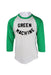 front angle of vintage green and white three-quarter sleeve t-shirt on masc mannequin torso. features green raglan sleeve, press on black text 'green machine' across chest, rounded rolled hem, and care tag dates shirt to the 1980's. 