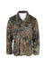 front angle of vintage german military camo green jacket on masc mannequin. features two snap button breast pockets, zipper snap closure up center, pointed collar, small pocket on right arm, velcro over heart pocket, velcro epaulettes, and german flag patched on both upper arms. 