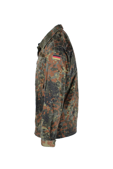side angle of military jacket. features embroidered german patch on upper arm. 