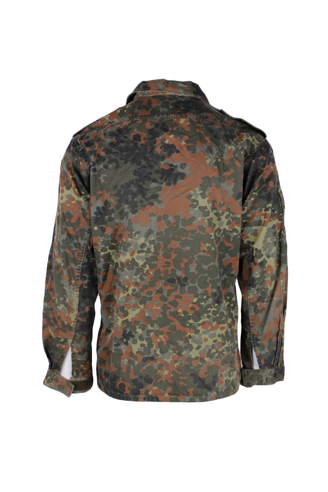 back angle of military jacket. features velcro cuffs. 