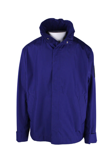  front angle of tiger of sweden deep purple windbreaker jacket. features standing collar, zipper snap closure up center, long sleeves with snap closures, and hidden drawstring collar/hem. 