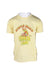 front angle of vintage tropix togs yellow myrtle beach t-shirt. features ziggy cartoon man with dog under an umbrella with text 'beach bum, myrtle beach sc ziggy universal press syndicate 1979 by tom wilson', single stitch hem/cuffs, and ribbed rounded collar. 