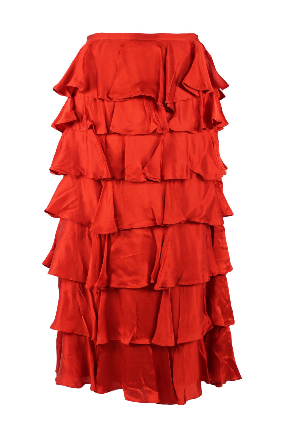 description: alix of bohemia red tiered ruffle maxi skirt. features zipper closure at left side with button closure, high rise, and a-line silhouette. 