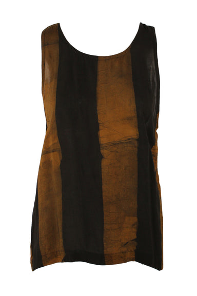 front of osei duro brown silk blend tank top. features rounded neckline, stripes pattern and marble effect throughout, and pull on style.
