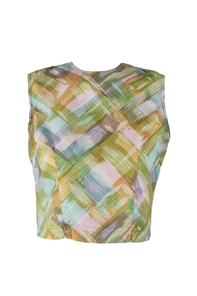  front angle of vintage minicare green  pastel multicolored sleeveless blouse. features fitted cropped hem, button closure up back, and high rounded collar.