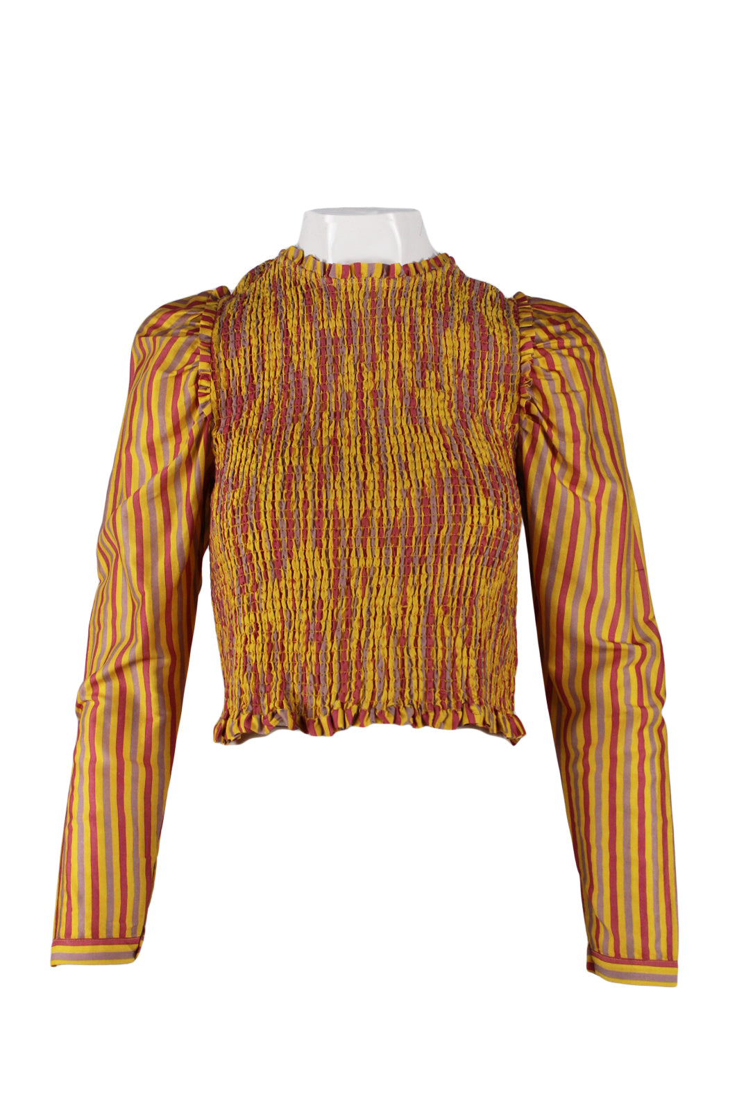 description: alix of bohemia yellow and purple stripped shirred long sleeve top. features ruffle at neckline, shirred bodice, zipper closure at center back and slight balloon sleeves. 