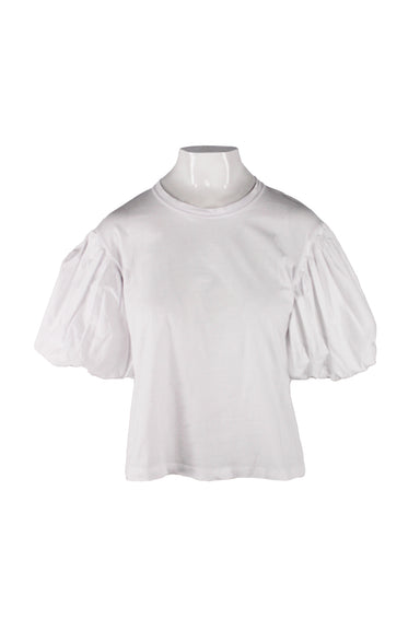front of a.l.c. white cotton short sleeve blouse. features crew neckline, puffed sleeves, tonal stitching, and pull on style. 