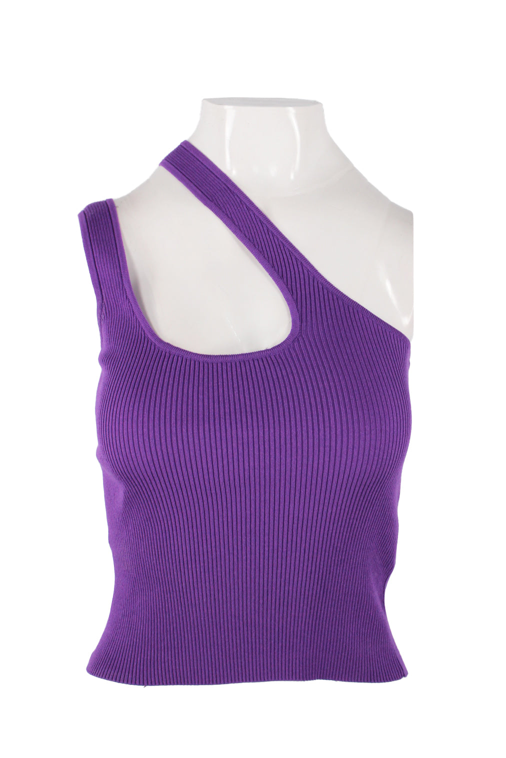 description: na-kd purple asymmetric knitted ribbed tank top. features assymetrical strap, fitted style, and cropped silhouette. 