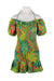 front of farm rio green linen blend smock mini dress. features multicolor banana print throughout, off the shoulder design, drawstring at neck, green detail at edges, and pull on style. 