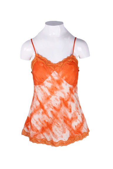 front of vintage richard malcolm orange tie dye sleeveless top. features v neckline, lace detail at neck/hem, adjustable spaghetti straps, and pull on style; slim fit. 