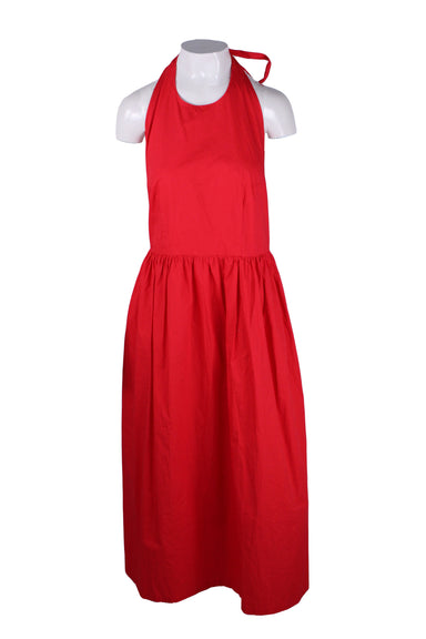 front of never fully dressed red sleeveless maxi dress. features halter neckline, draped detail at waist, self tie at neck, side seam pockets, and open back. 
