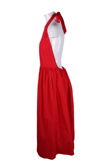 profile of maxi dress with halter neckline.