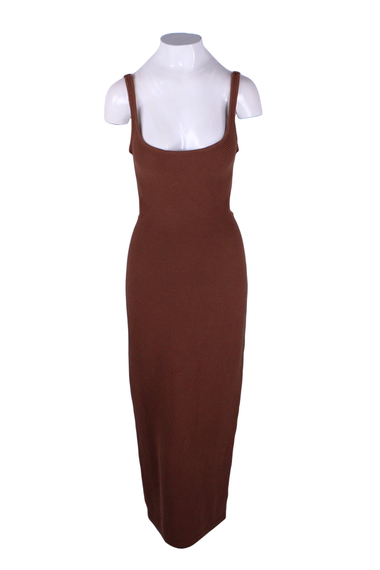 description: sabo brown knit midi dress. features backless silhouette, scoop neckline, and tie detail at waist. 