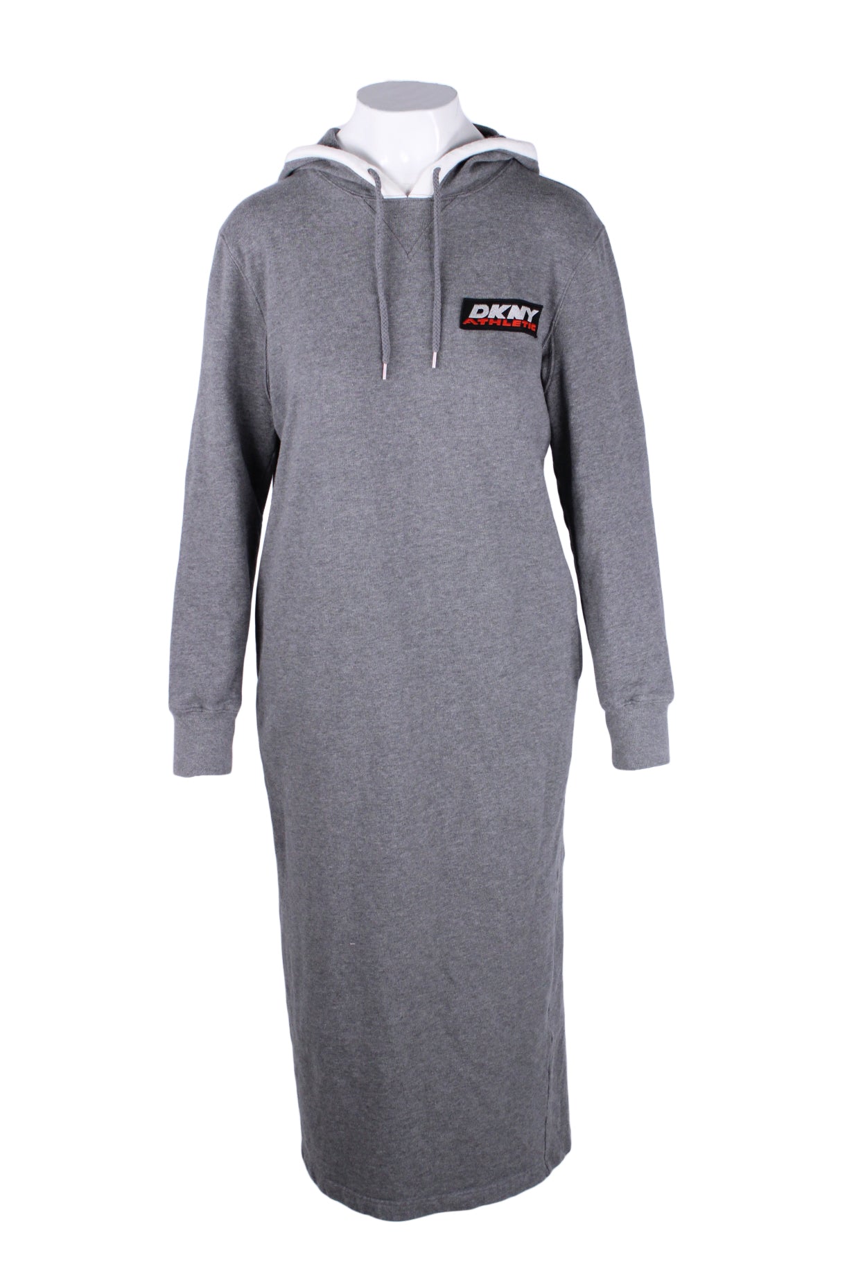 dkny x opening ceremony gray long sleeve dress. features a drawstring hood and pocket details.