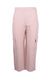 front of house of sunny pink cargo pants. features tonal stitching, flap pockets at sides, wide legs, and zip closure at left side. 