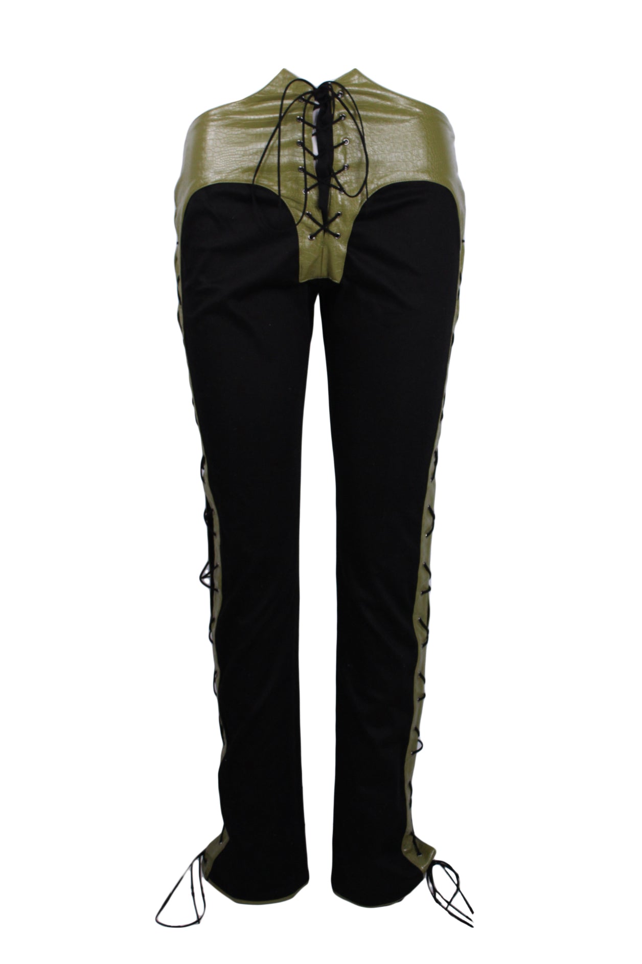 description: anonie green leather black pants. features tie closure at front, tie detailing at sides, faux croc print throughout leather and high rise conceptual cut at front. description: anonie green leather black pants. features tie closure at front, tie detailing at sides, faux croc print throughout leather and high rise conceptual cut at front.
