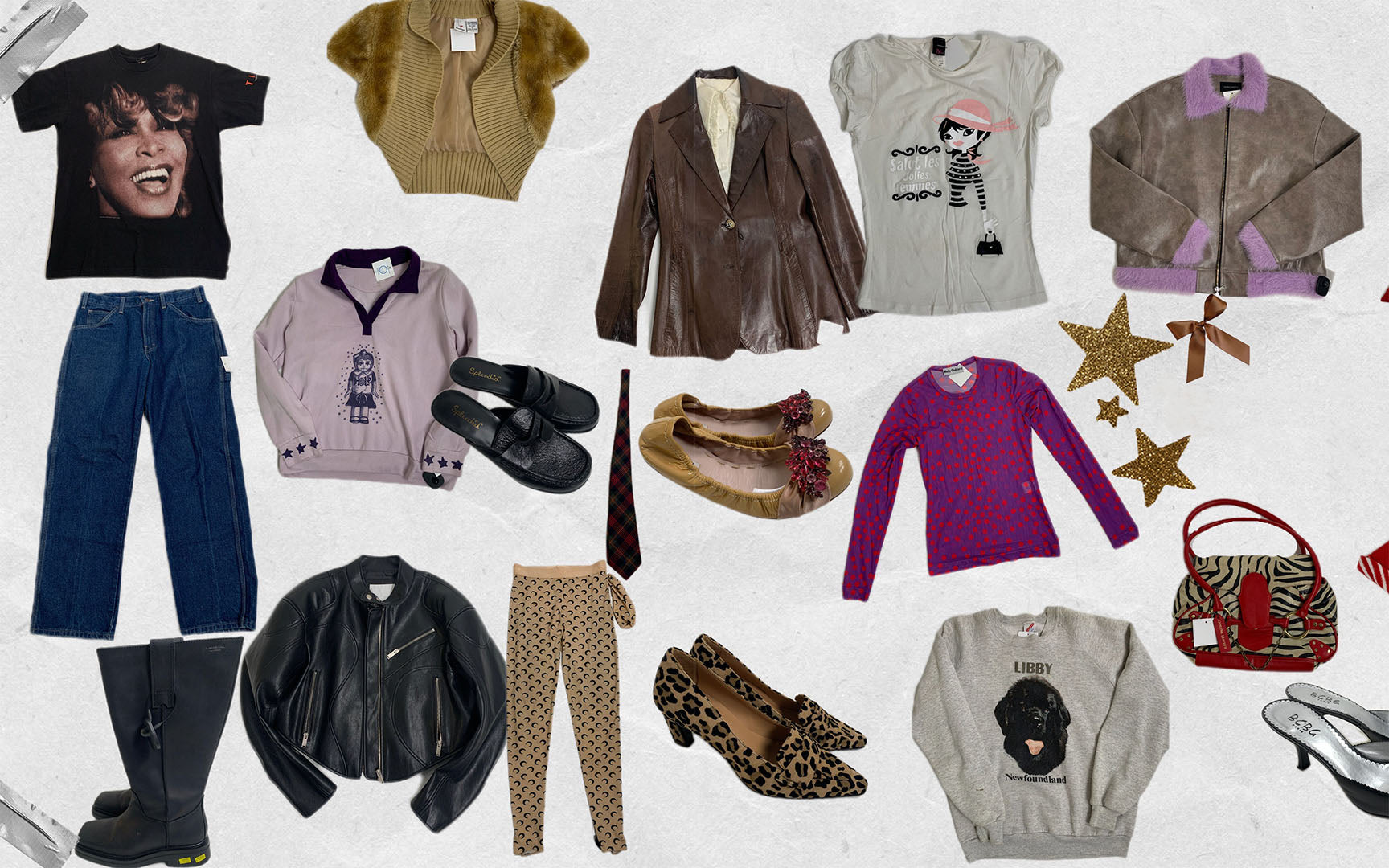 Collage of various clothing items found at beacon's Closet and accessories on a white background