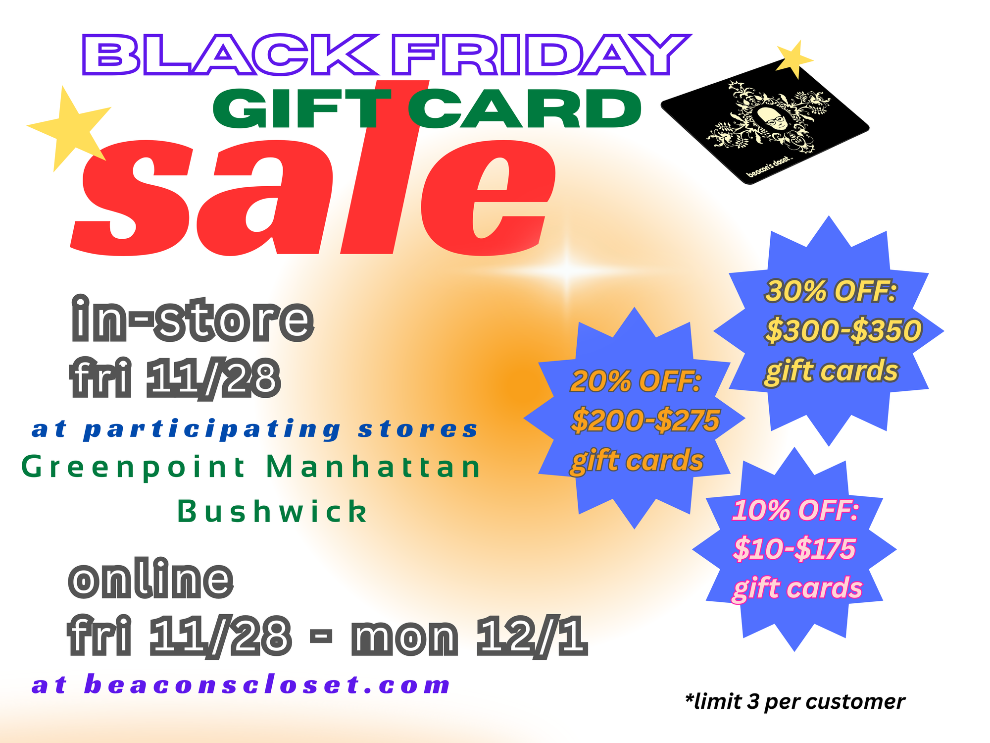 Black Friday gift card sale flyer with promotional text and graphics.