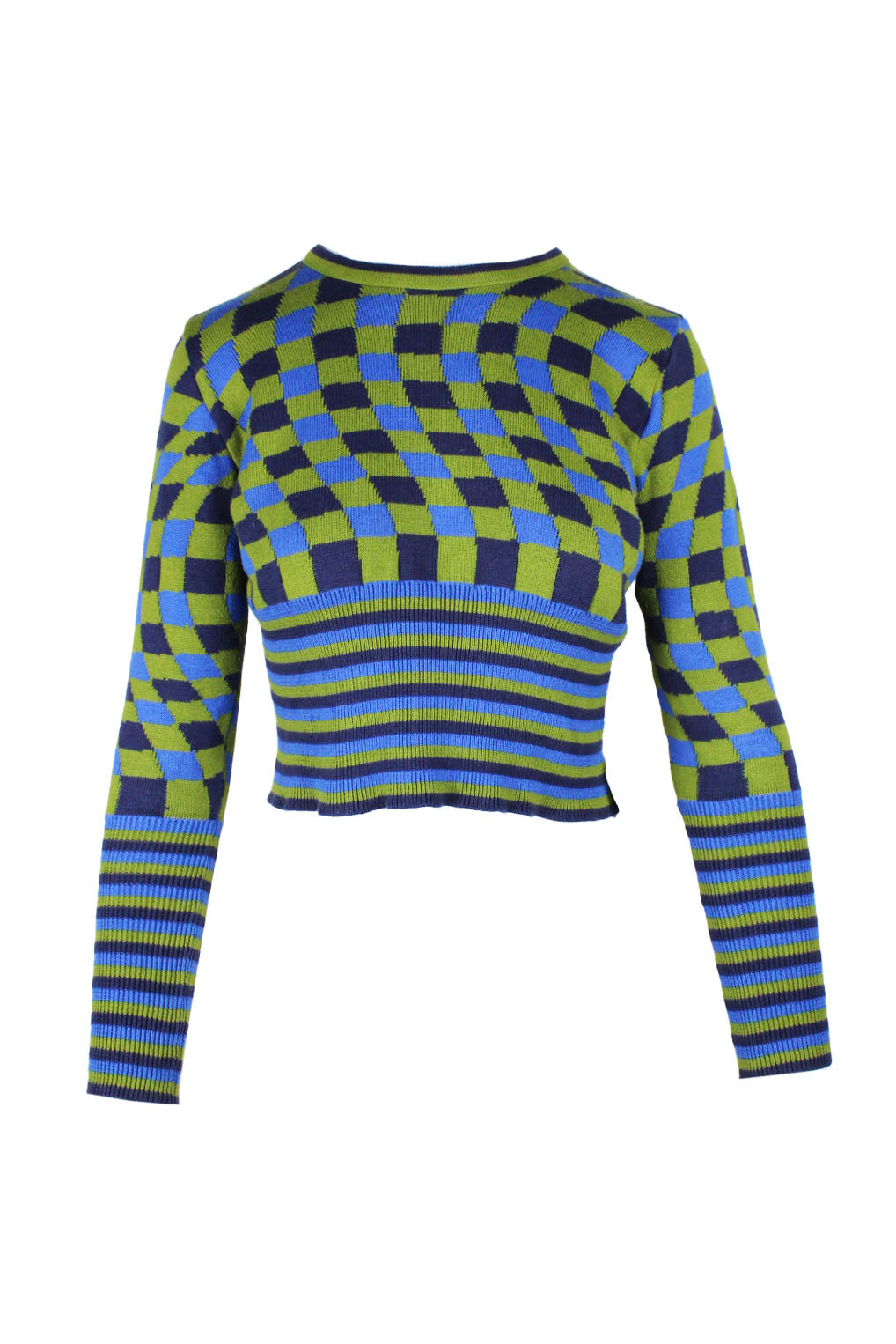 front of molly goddard green and blue long sleeve knit top. features crew neckline, ribbed trim, abstract plaid/stripes pattern throughout, and slim fit. 