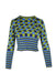 front of molly goddard green and blue long sleeve knit top. features crew neckline, ribbed trim, abstract plaid/stripes pattern throughout, and slim fit. 