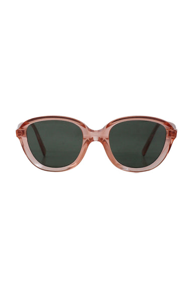 front of celine orange tone wayfarer sunglasses. features green tone lenses, transparent frame, and brand embossed at side - original case included. 