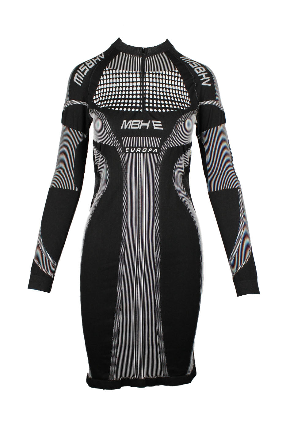 front of misbhv black and white long sleeve sport dress. features mock neckline, ribbed heritage, abstract print throughout, zip at yoke, and pull on style. 