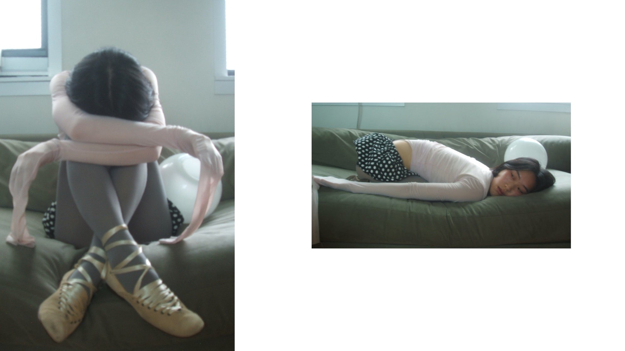 side by side imagery of editorial model in ballerina-esque outfit falling off couch with ball