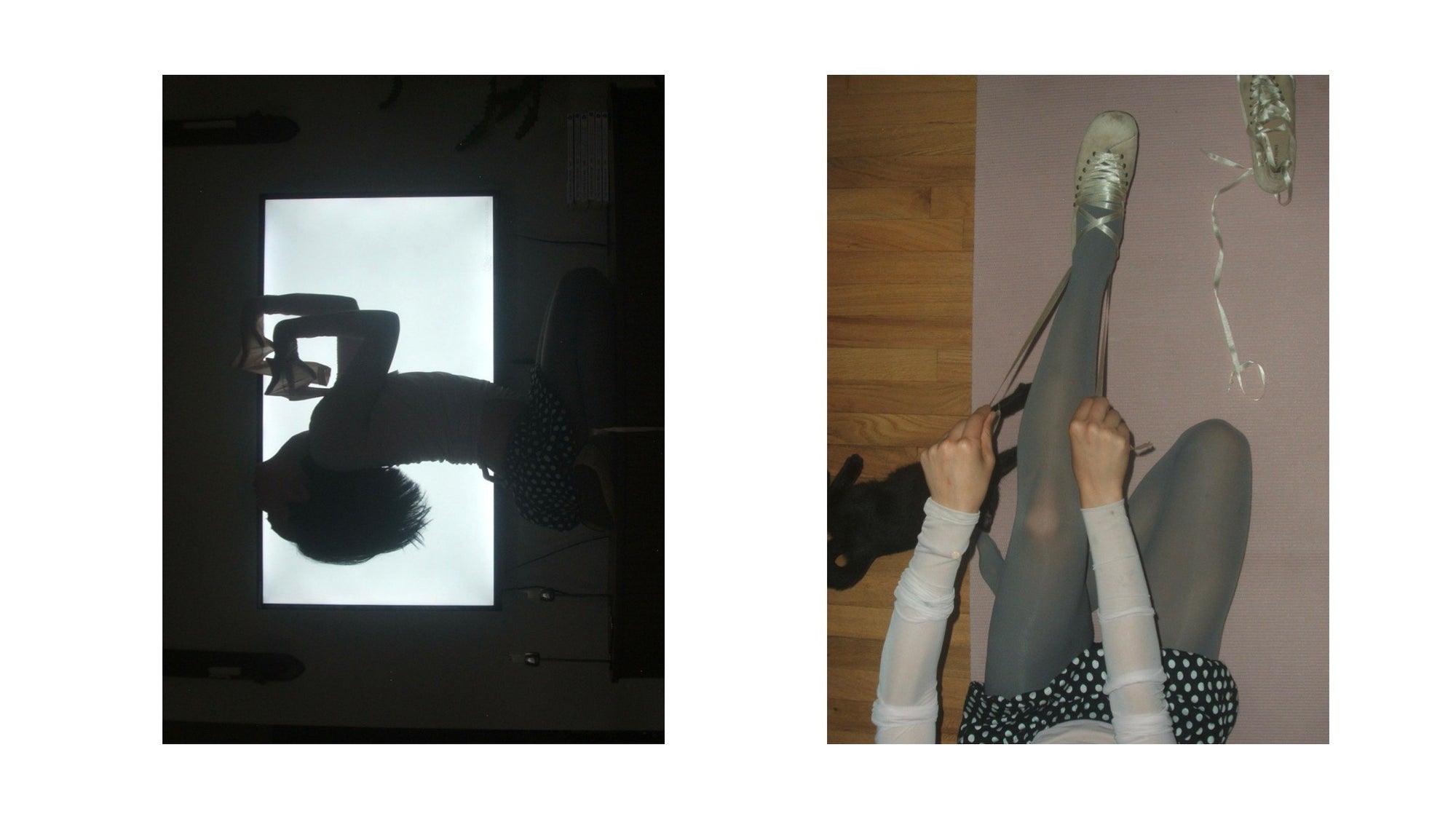 Two images: one of a person's silhouette against a blank tv, the other of a person sitting on the floor lacing shoes.