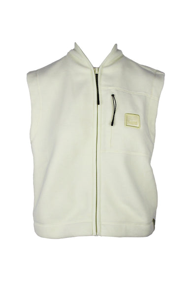 front angle of rains light yellow fleece vest. features patch with text 'rains' over heart pocket. 