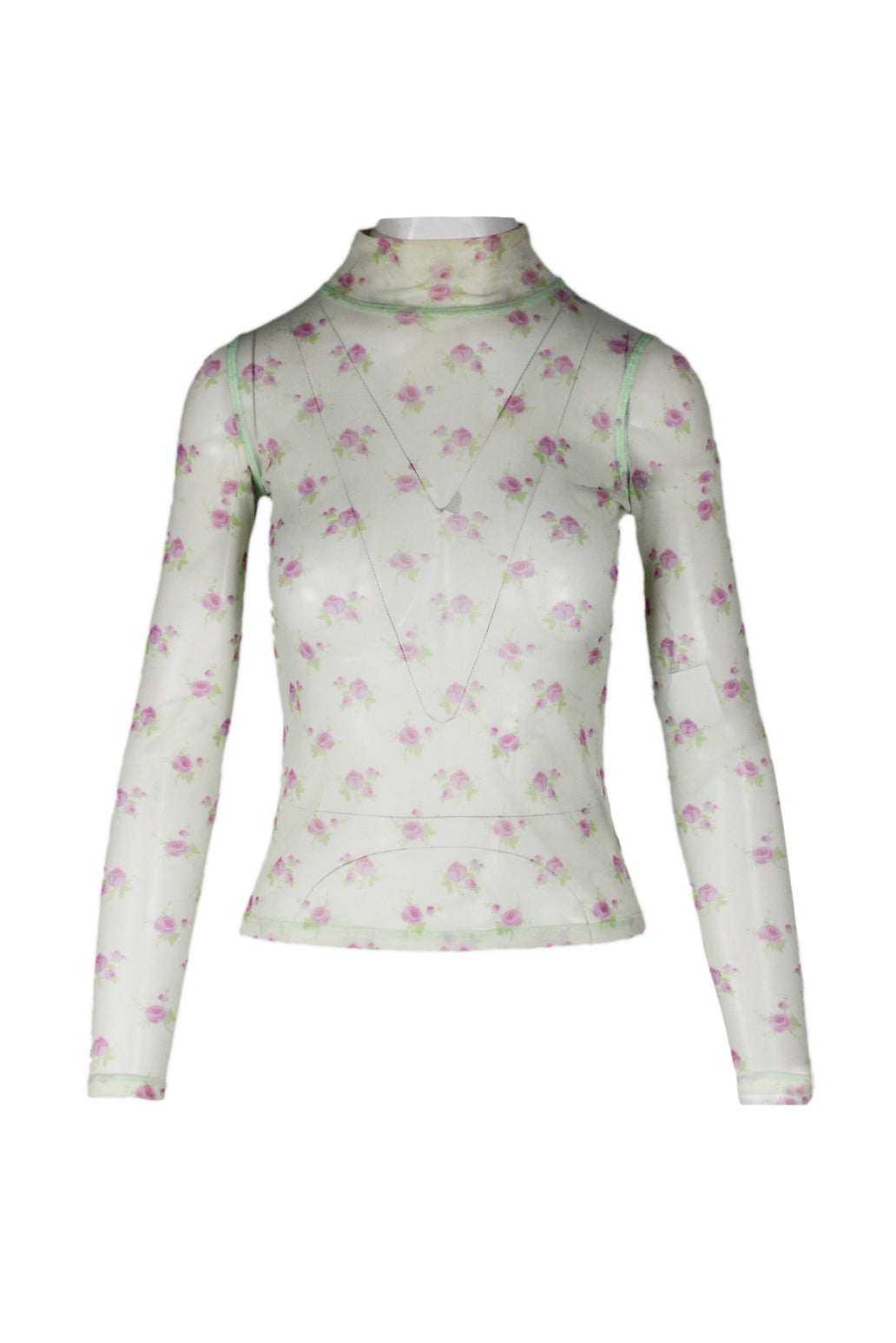 description: sandy liang green and pink floral mesh top. features turtle neck, long sleeves, fitted style, and straight bottom hem. 