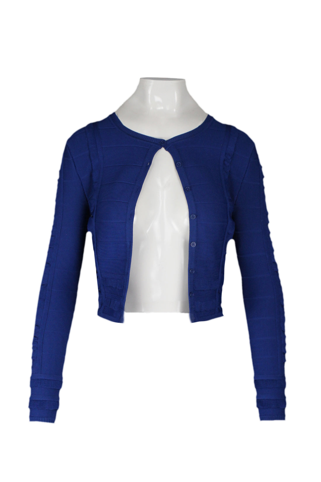 description: yigal azrouel blue long sleeve cardigan. features ruffle detailing throughout, button closure at center front, and rounded neckline.