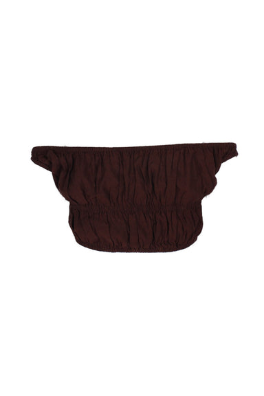 description: gimaguas brown crop top. features off the shoulder silhouette, and elastic hem.