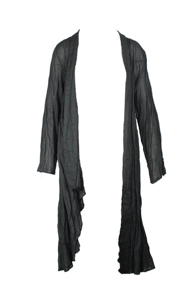 front of sakaguchi asymmetrical black plisse textured duster/robe jacket. no closure, asymmetric open front. long sleeves. 