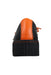 back of black and orange loafers. 