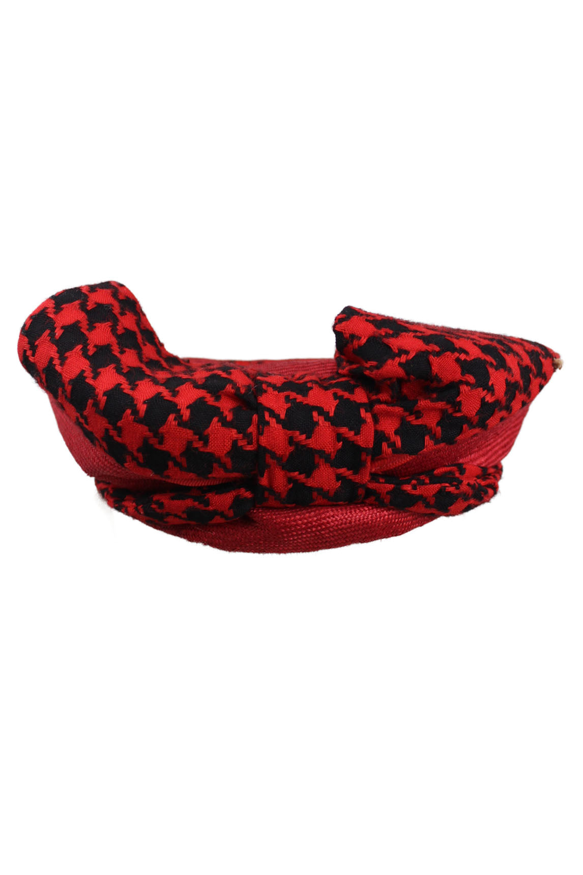 vintage rodney gordon red hat. features theatre piece with curved base and metal lining, 40's inspired design. houndstooth print and red knit. features beige ribbon for neck and plastic comb inside
