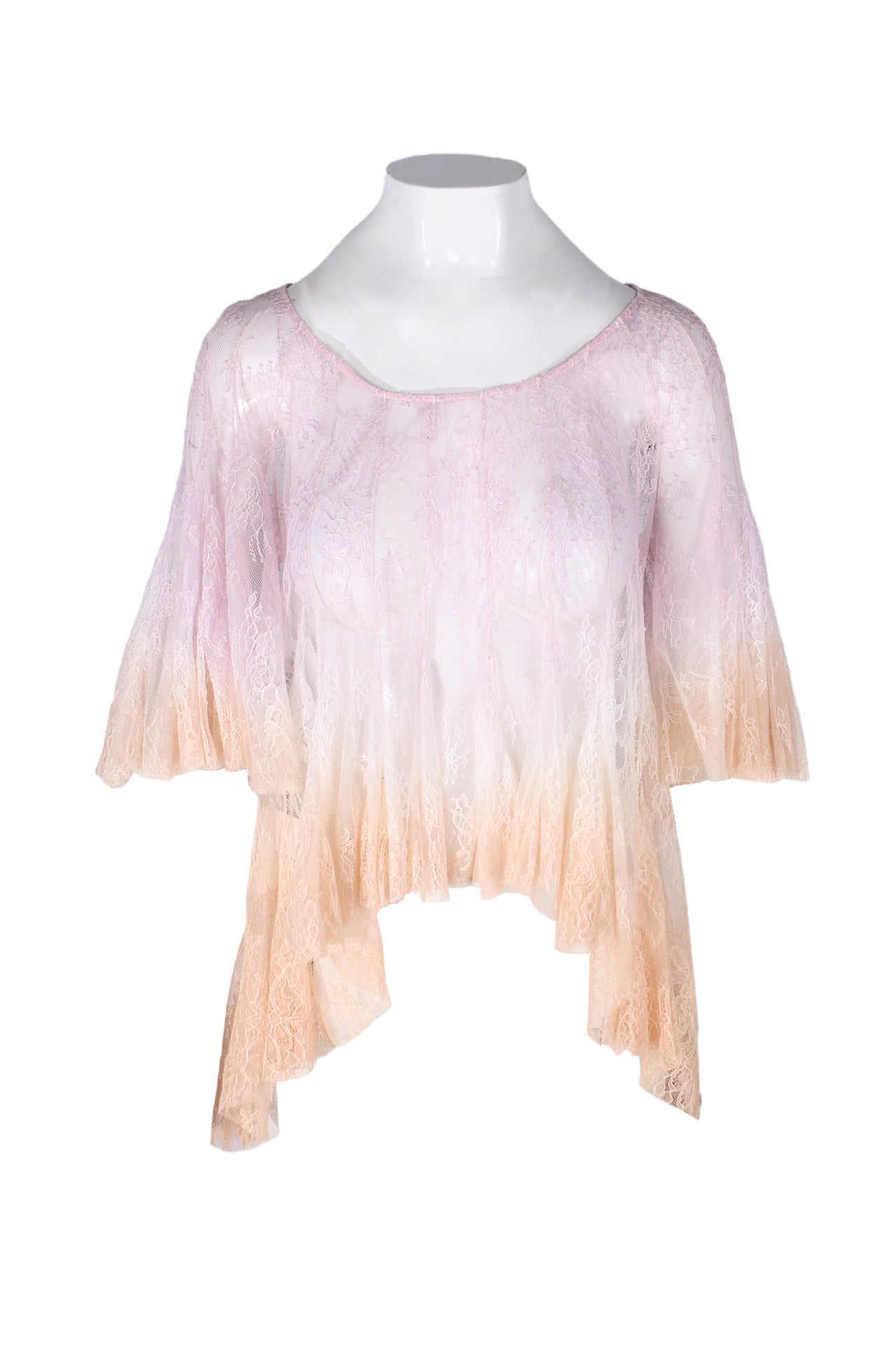 philosophy pink and orange ombre lace blouse. features high low hem, gradient colorway, wide rounded neckline, short belled sleeves/hem, and sheer floral lace body. 