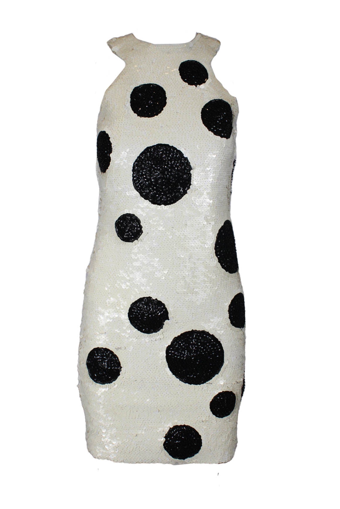 description: vintage blass dress by bill blass white and black polka dot sequin dress. features halter neckline, zipper closure at center back, fitted style, and fully sequined. 