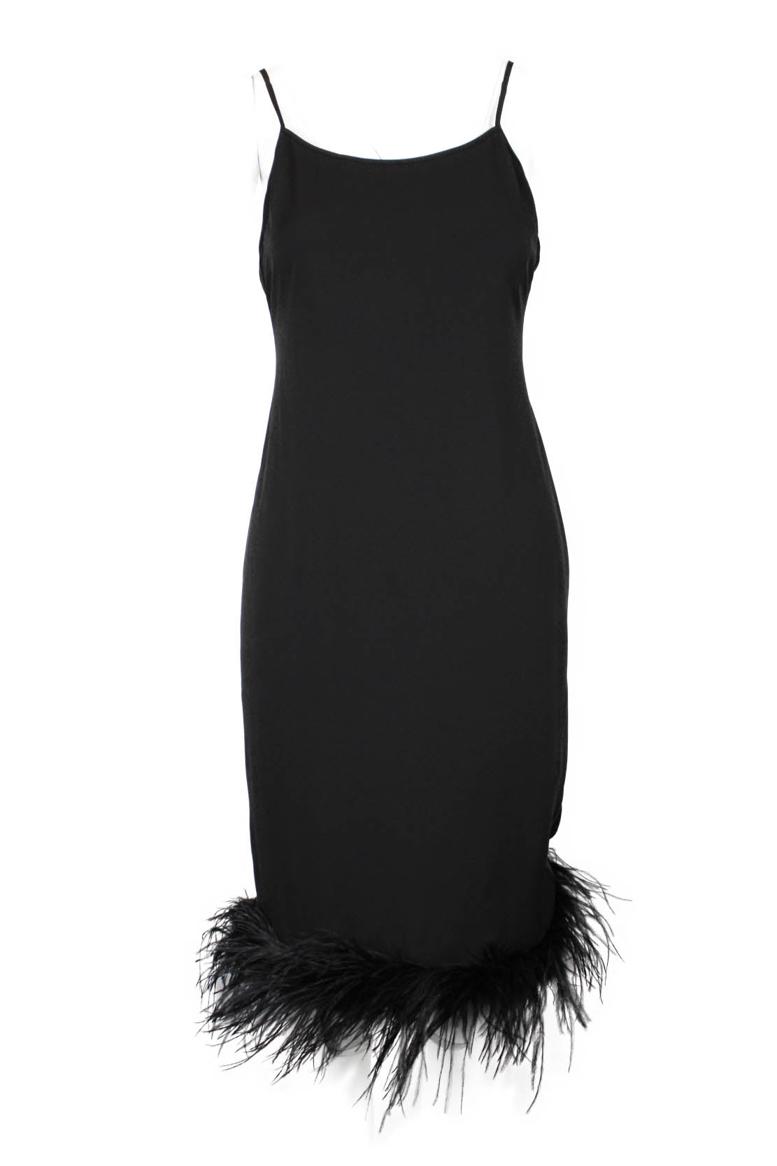 description: amanda uprichard black slip feather dress. features adjustable spaghetti straps, midi dress, zipper closure at center back, and ostrich feather trim.