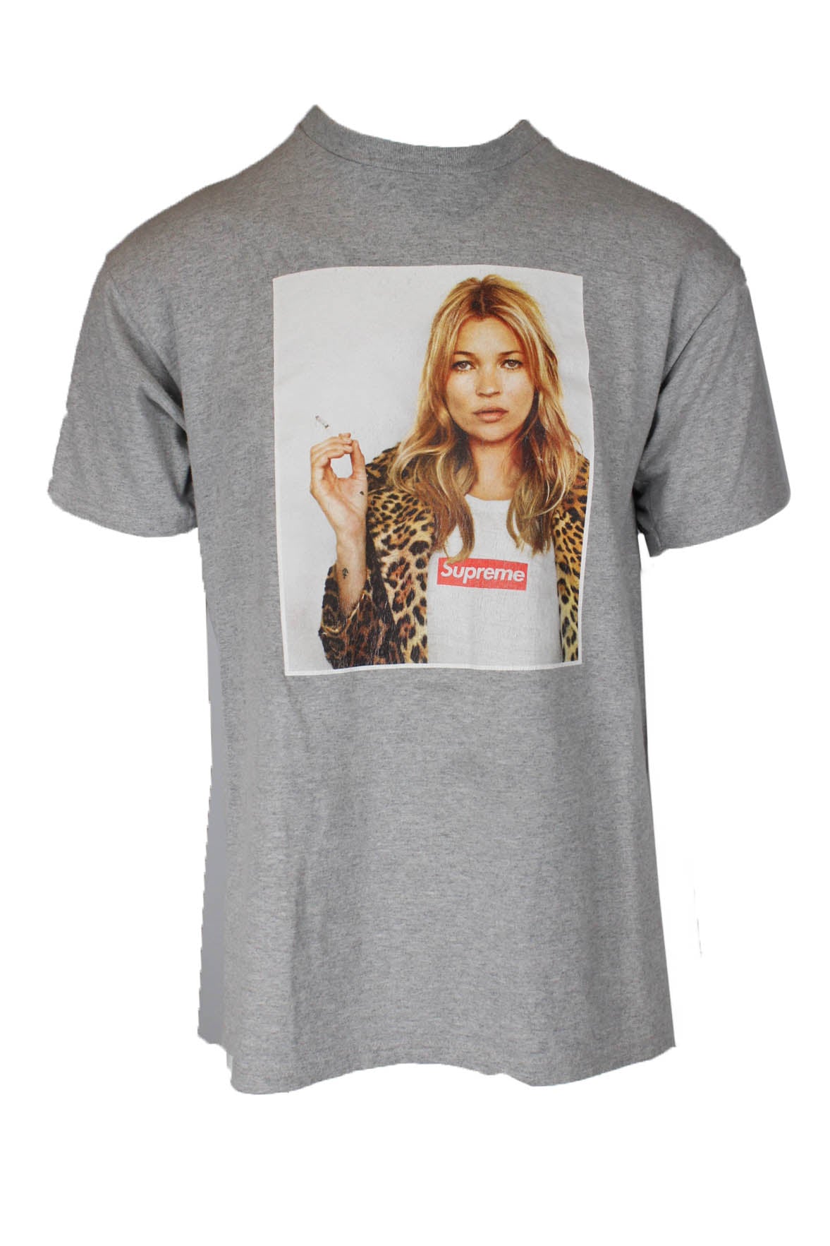 description: supreme kate moss gray short sleeve tee. features crew neckline, short sleeve, loose fit, straight bottom hem, and kate moss smoking print at front. 