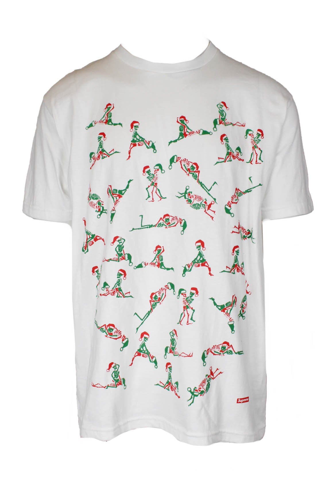 description: supreme white christmas short sleeve tee. features crew neckline, short sleeve, loose fit, straight bottom hem, and santa-cap skeletons kama sutra poses print at front. 