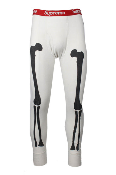 description: supreme hanes white thermal skeleton leggings. features black bone design at front, red branded elastic waistband, and ribbed bottom hem. 