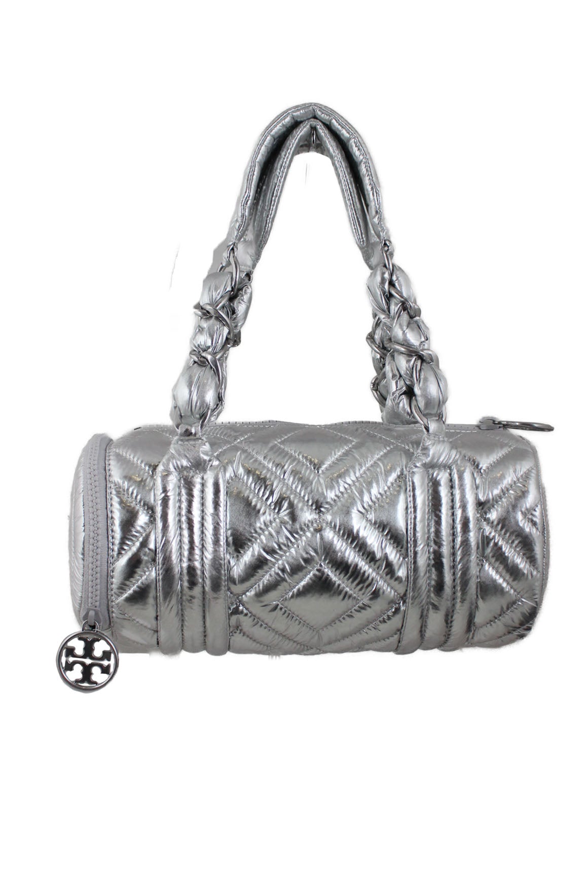 description: tory burch silver quilted mini duffle nylon bag. features double quilted chain strap, top zipper closure, zipper closure at side, quilted geometric pattern throughout, and tory burch logo embossed at sides. 