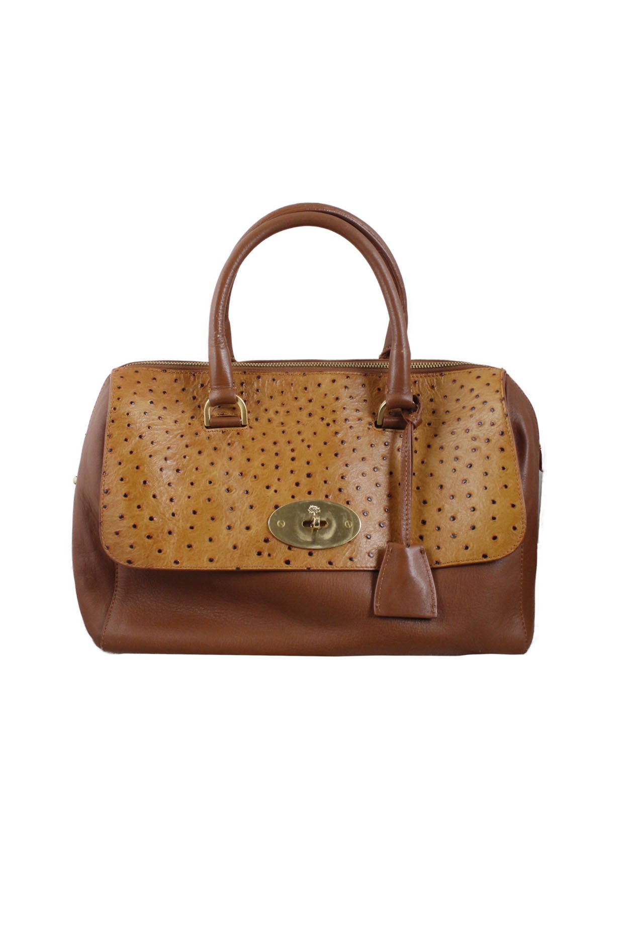 description: mulberry light brown ostrich leather handbag. features double handed, gold-tone metal hardware throughout, ostrich-leather front flap with turn lock closure, interior slit pocket, and interior zip closure pocket. comes with lock charm and dust bag. 