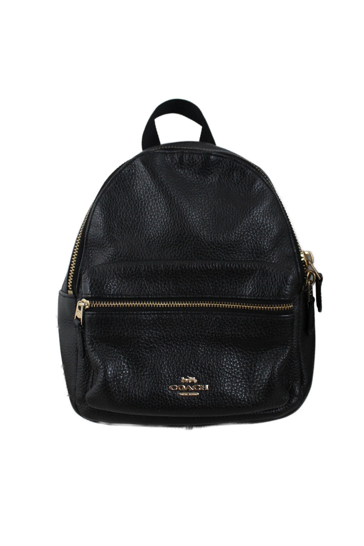 description: coach black leather mini backpack. features gold-tone hardware, zipper closure, exterior zip closure pocket, interior zip pocket, interior slit pocket, and adjustable straps. 