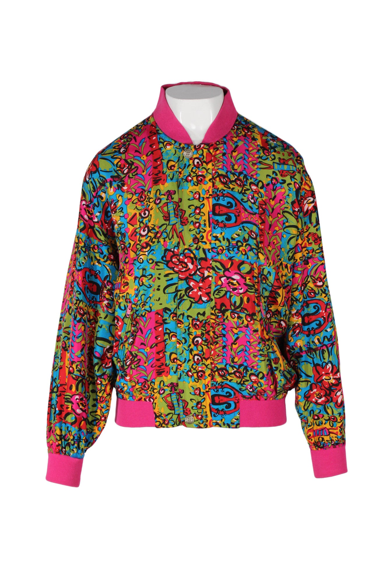 vintage kriss kross bright pink/multicolored silk bomber jacket. features pink ribbed hem/cuffs/collar, zip closure up center, side zippered pockets, and all over abstract print. 