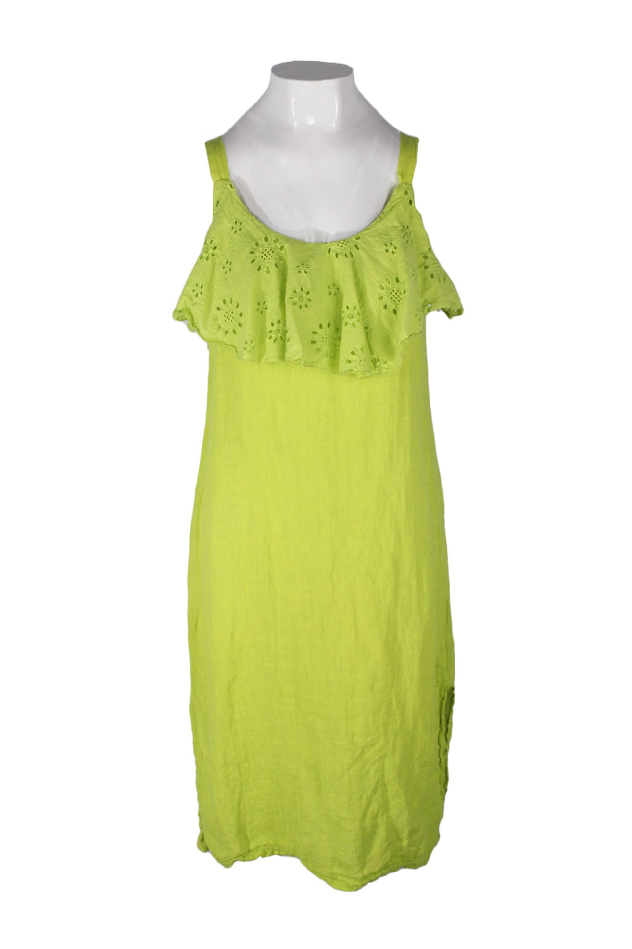 description: vintage valentina naldi green linen sleeveless dress. features eyelet floral ruffle at bust, loose fit, and slits on sides. 